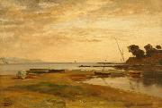 Albert Hertel Coastline at low tide in the evening light. Resting in the foreground dry sailing boats china oil painting artist